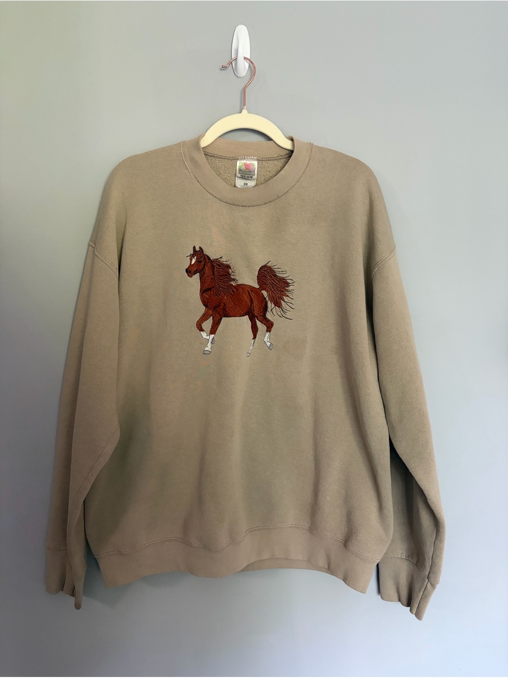 Vtg Fruit Of The Loom Best Sweatshirt XL Beige Brown Crewneck Embroidered Horse